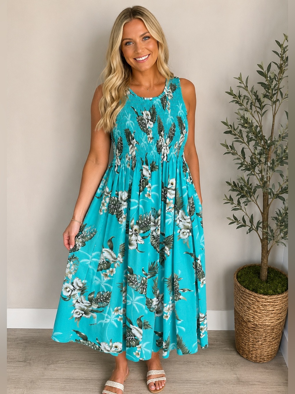 Hawaiian Sundress Turquoise Blue Floral Maxi OS Shirred Smocked Vacation Summer